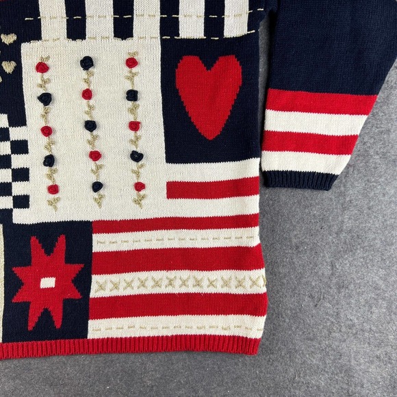 Vintage Hunters Run Sweater Womens Medium Patchwork Americana USA Flag Grandma - Picture 9 of 16